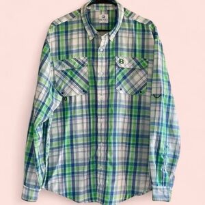 Men’s HeyBo Plaid Button Up Shirt Blue Green XL